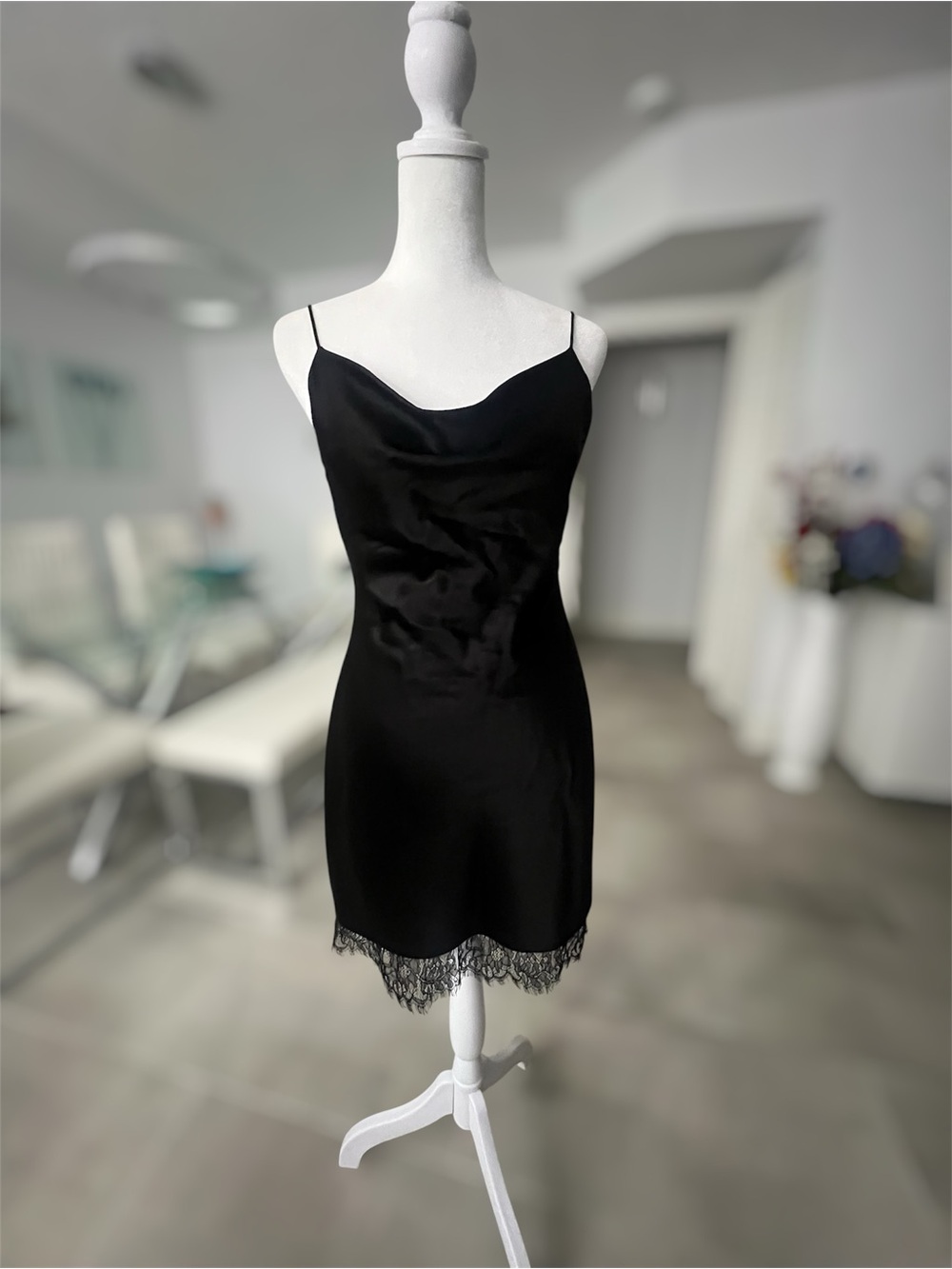 Alice + Olivia Black Silk Slip Dress with Lace Hem